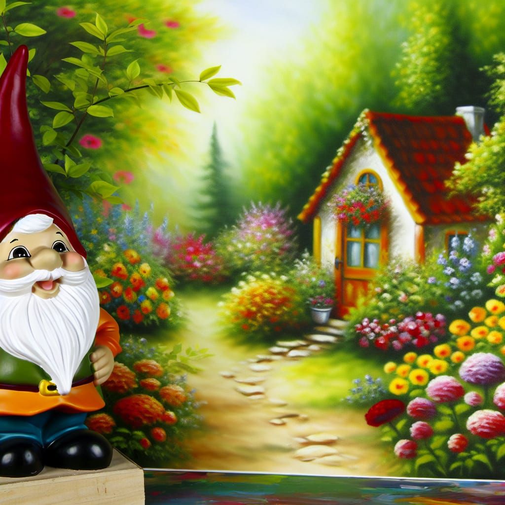 A Cheerful Gnome in Garden Cottage, Oil Painting
