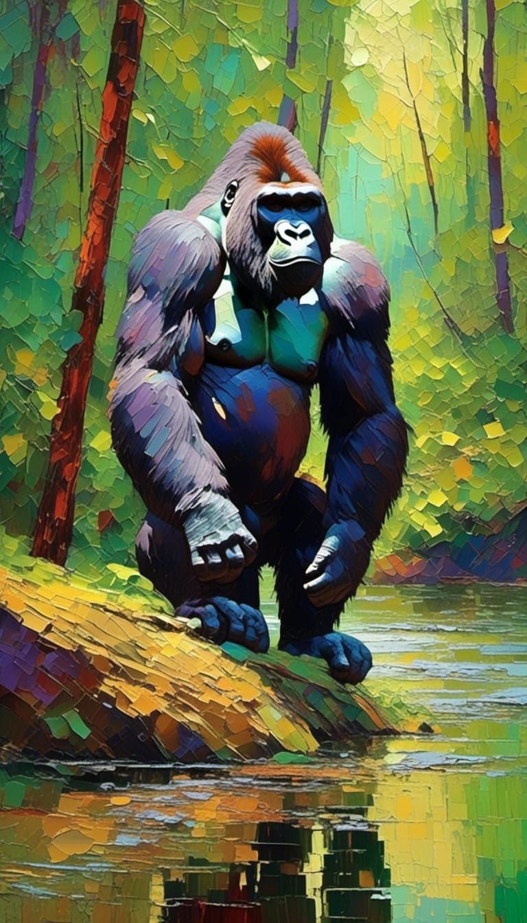 Silverback Gorilla Portrait as Impasto Oil Painting
