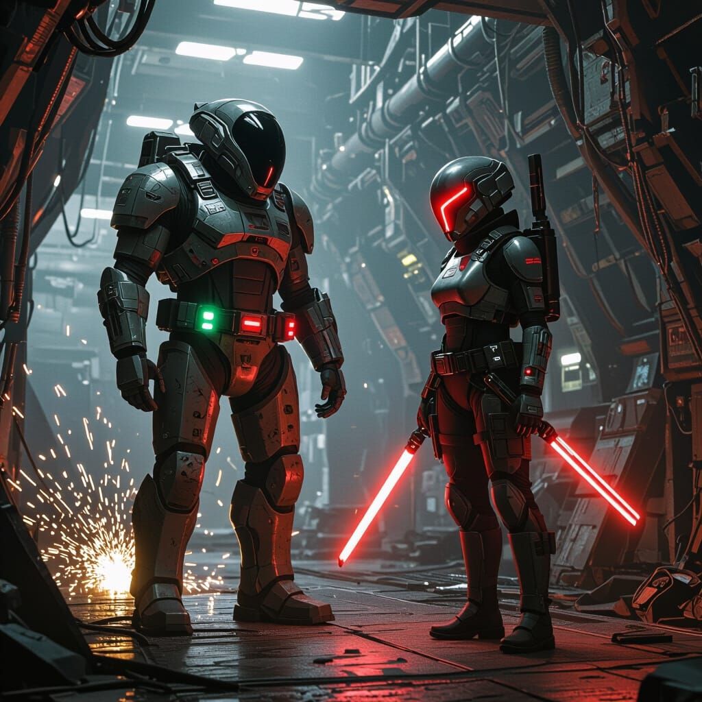 Cyberpunk Alien Engineer Confronts Bounty Hunter