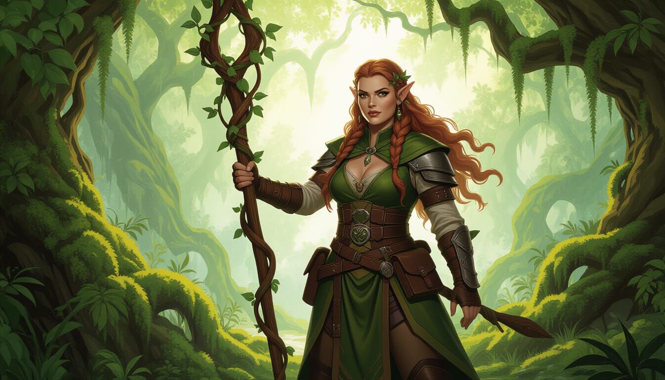 Dwarf Druid in Mossy Forest with Vine Staff