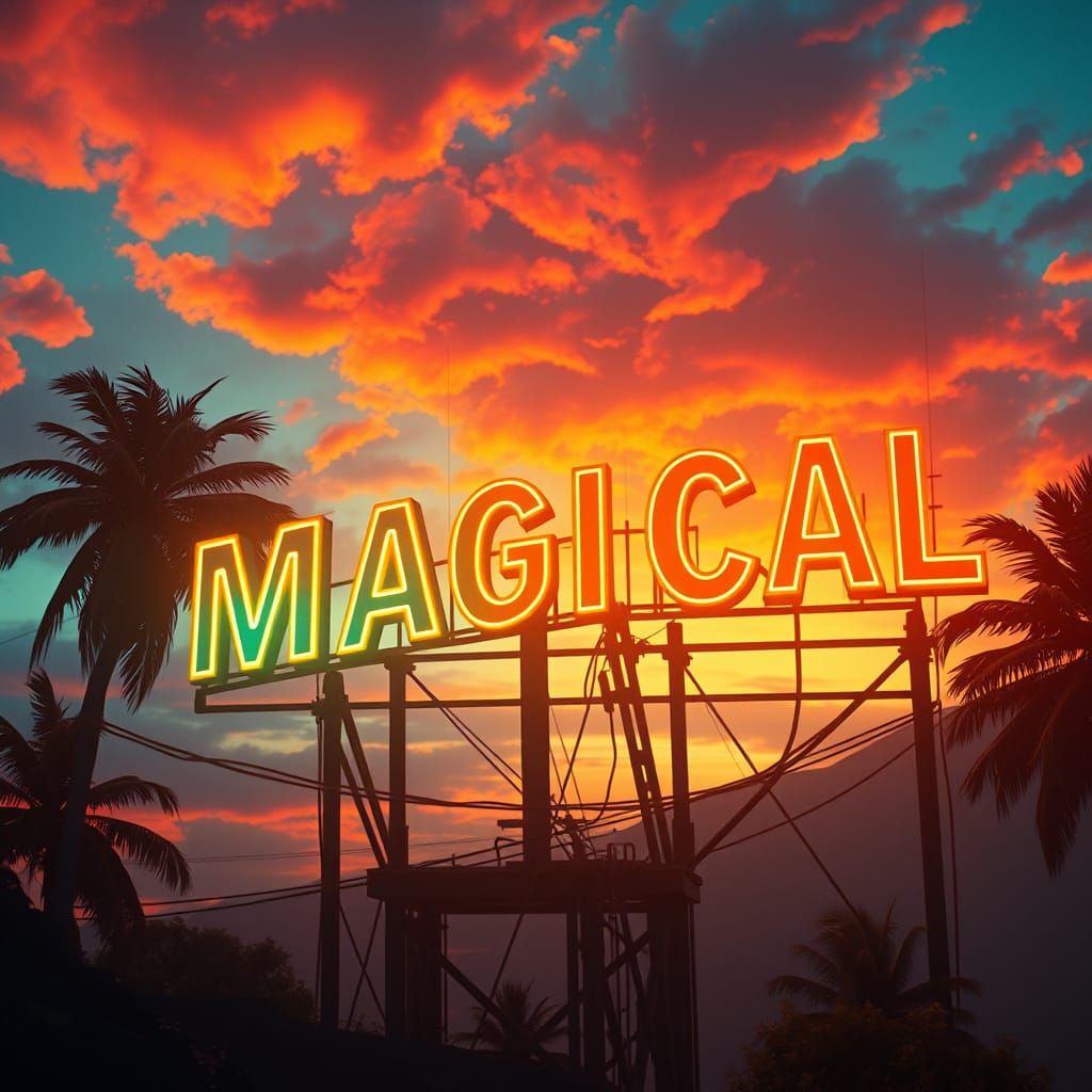 Sunset Neon Sign "MAGICAL" in Abstract Complementary Colors