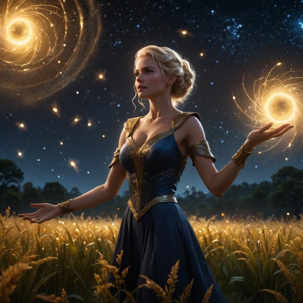 Sorceress Draws Earth Energy in a Fantasy Landscape