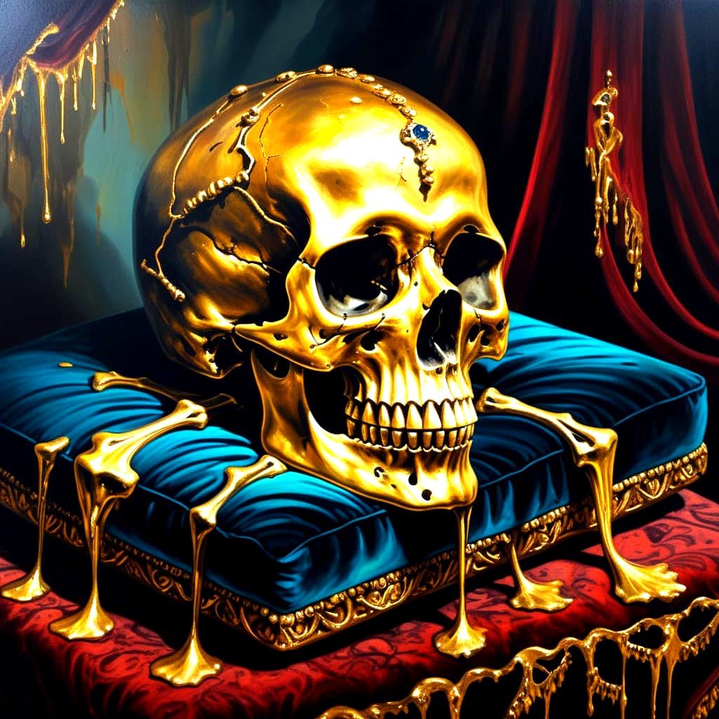 Surrealism oil painting. Close up. A skull rests on a velvet...