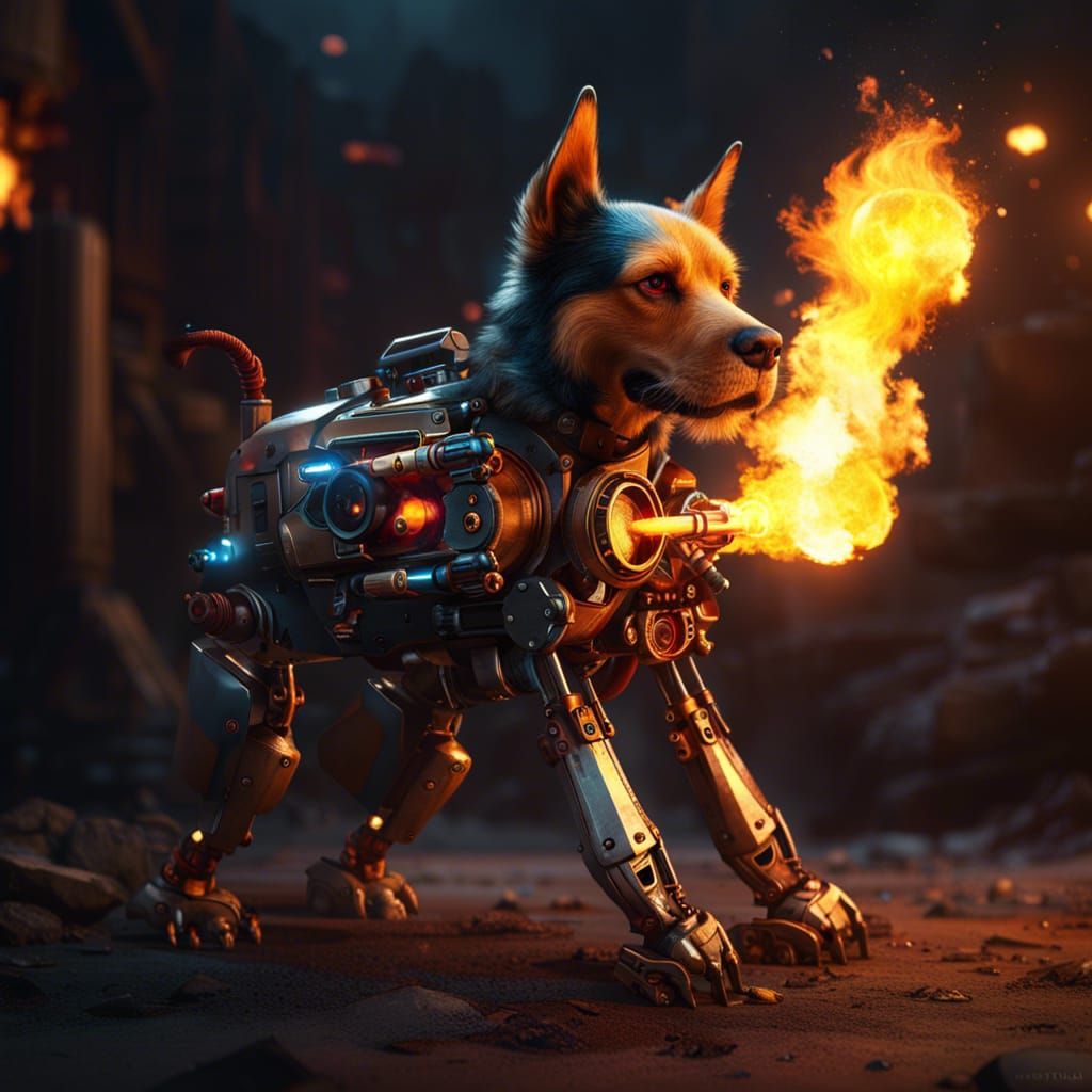 Robotic Dog with Flamethrower: Detailed Matte Painting