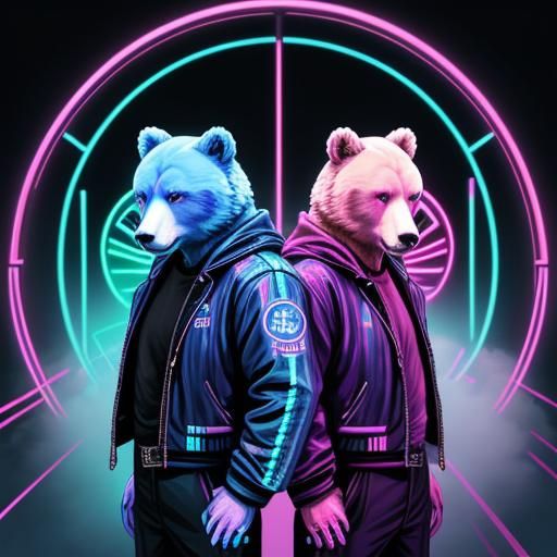 Yin and Yang as bears synthwave neon retro