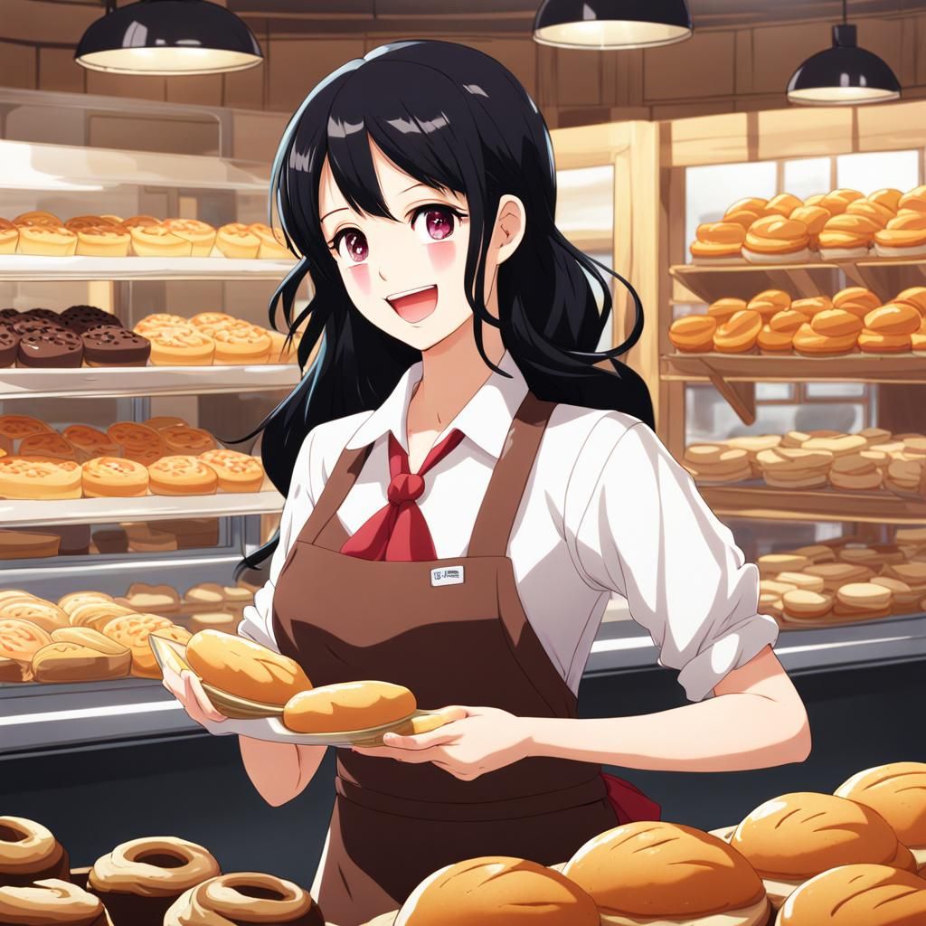 Happy Baker in Anime Style Bakery Shop