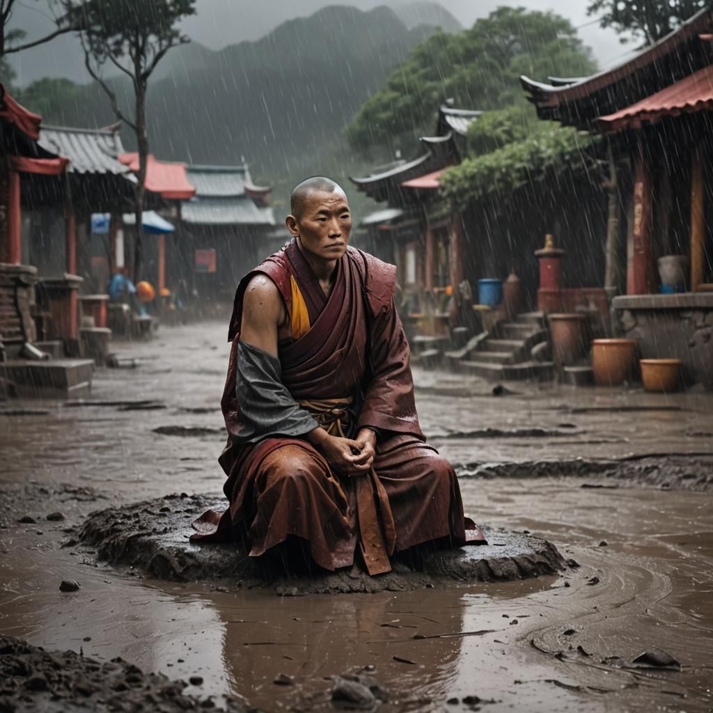 Monk Meditates During Monsoon, Dark Fantasy Concept Art