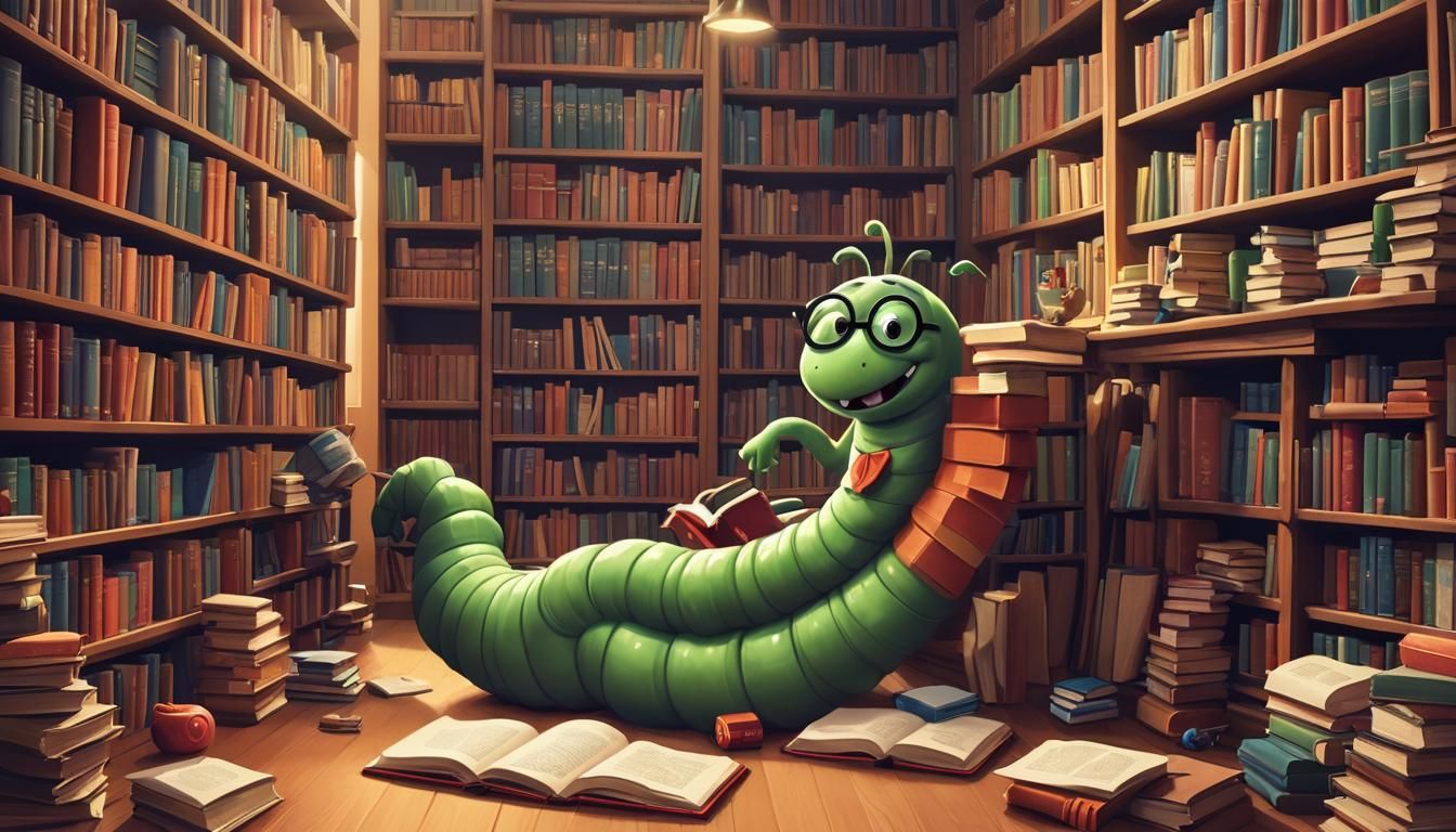Cartoon Bookworm Lounging in Library Full of Books