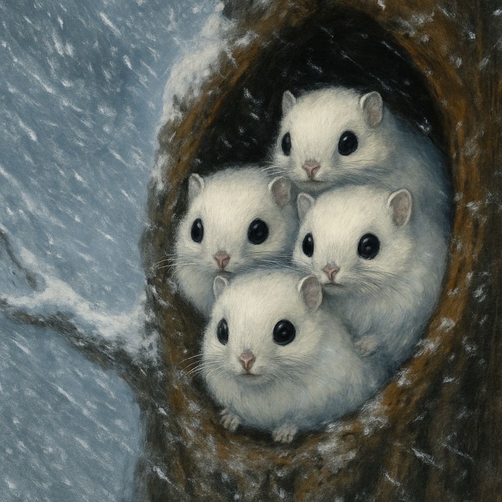 Momonga Huddle in Blizzard: Painterly Animal Portrait
