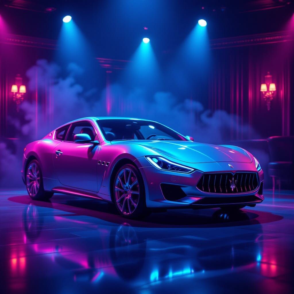 Silver Maserati Gleaming Under Neon Lights in Nightclub