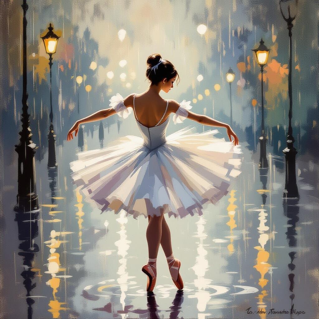 Ballerina Dancing in the Rain, Impressionist Style