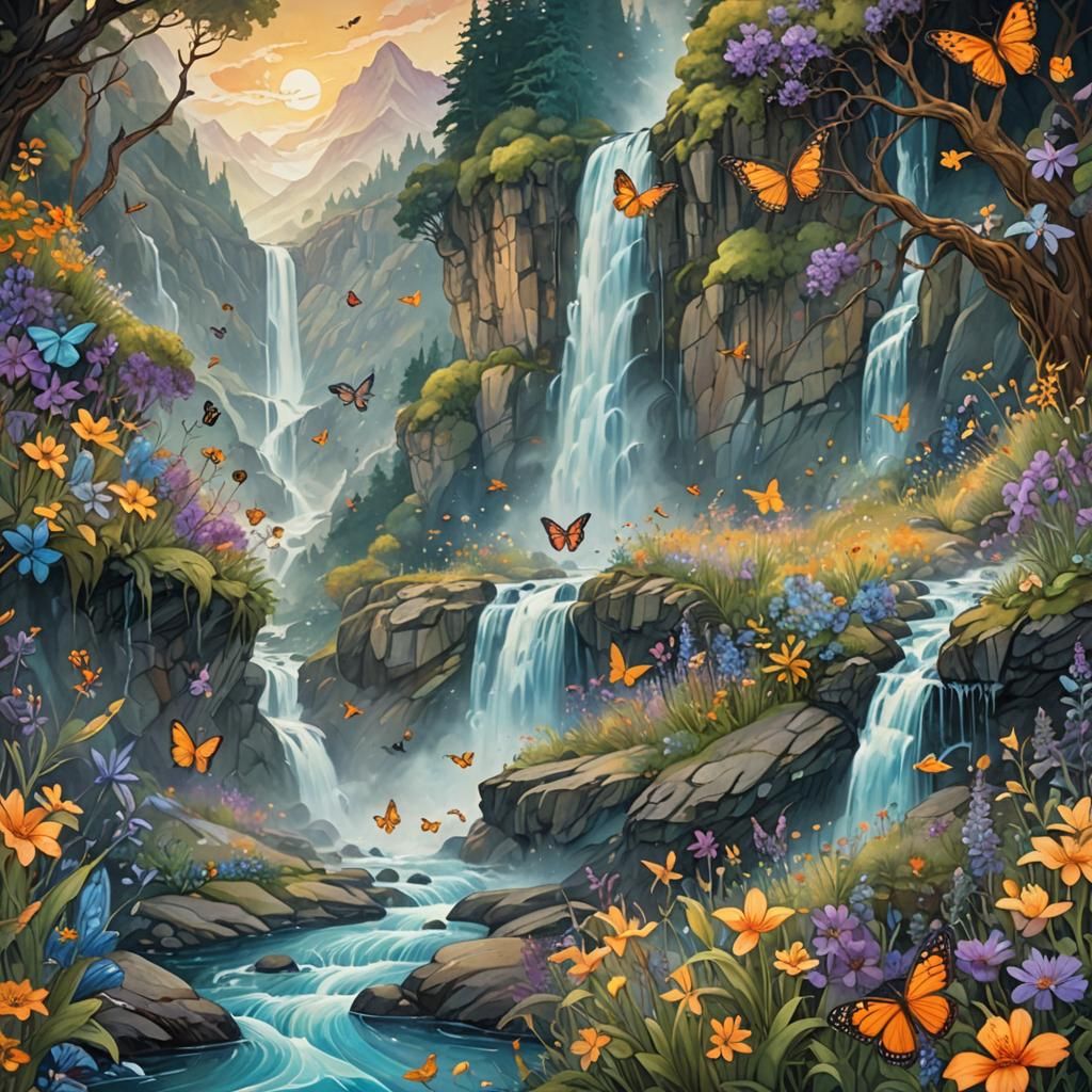Lush Waterfall Scene in Dreamlike Artistic Style