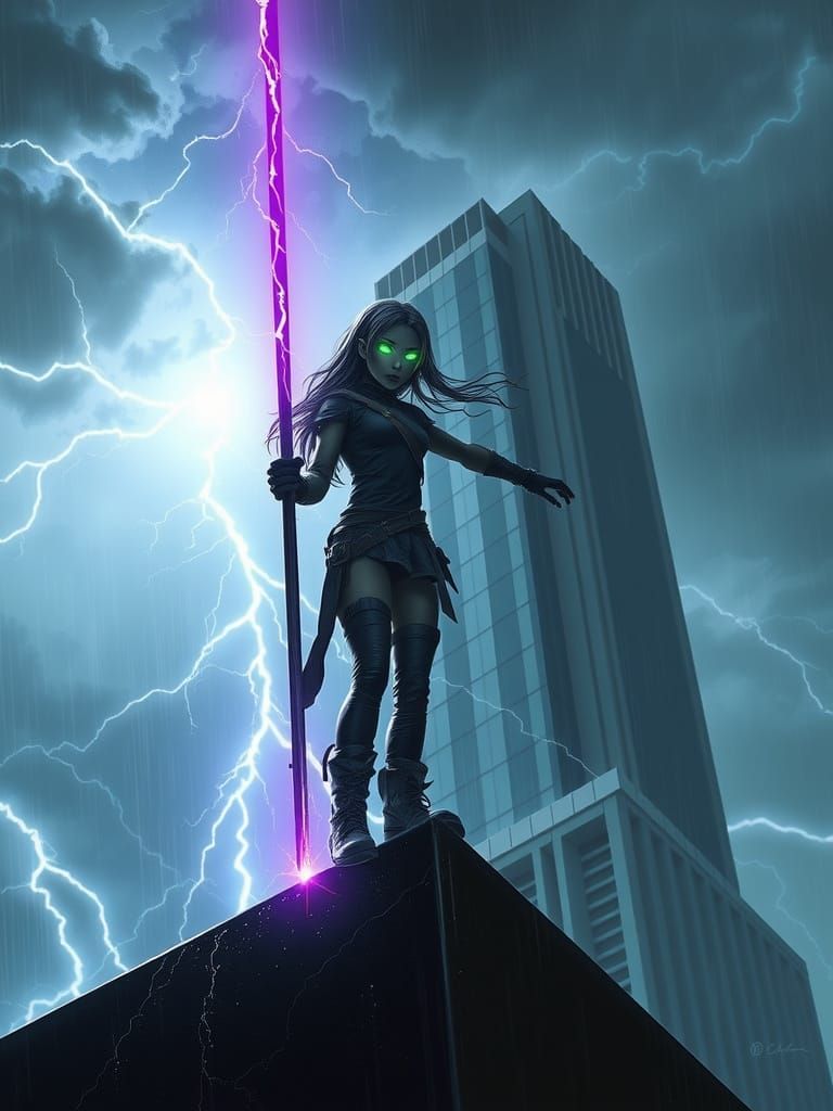 Radioactive Girl on Skyscraper Ledge in Stormy Sci-Fi City