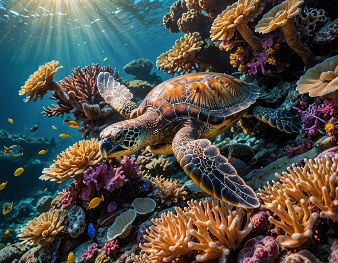 Sea Turtle Swimming in Coral Reef: Macro Photography