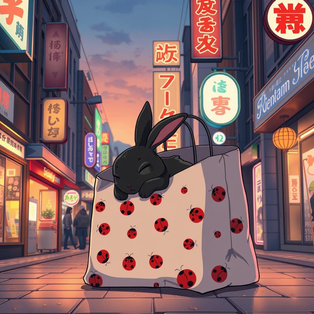 Whimsical Anime Rabbit in Shopping Bag Scene