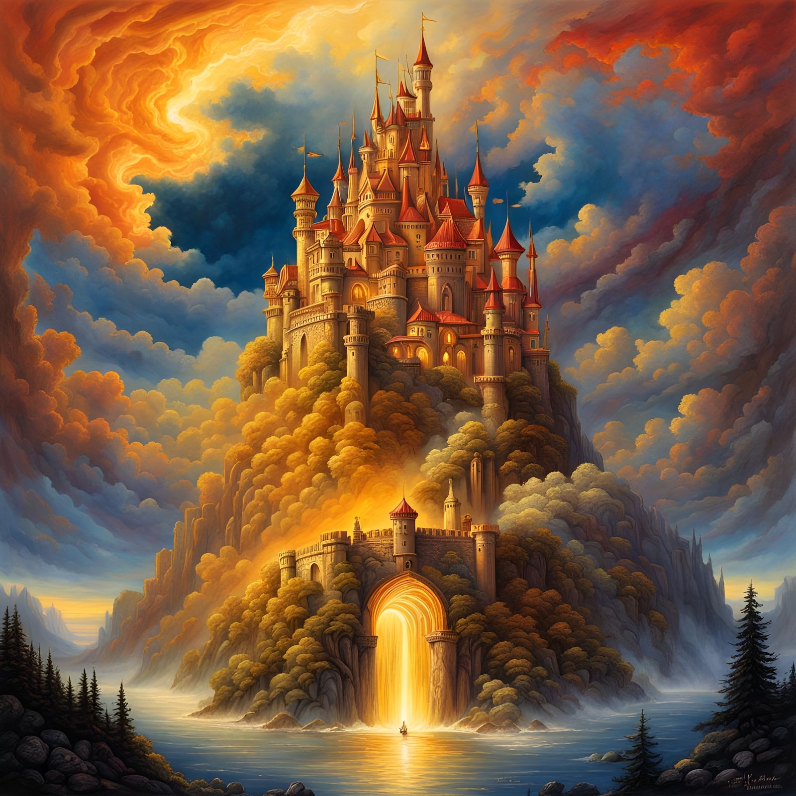 Heavenly Castle in the Clouds: Watercolor Painting