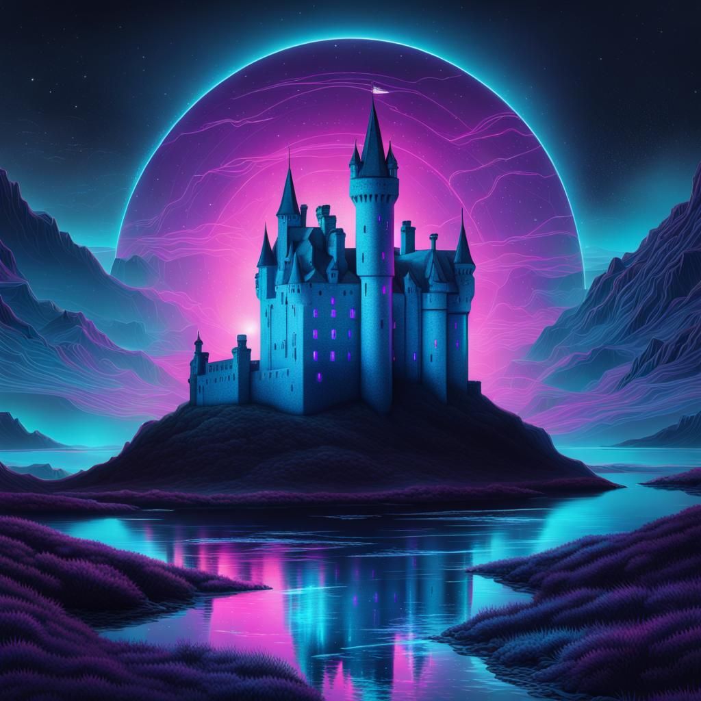 scotland blue castle on a dark night 8k resolution holographic astral cosmic illustration mixed media by Pablo Amaringo ...