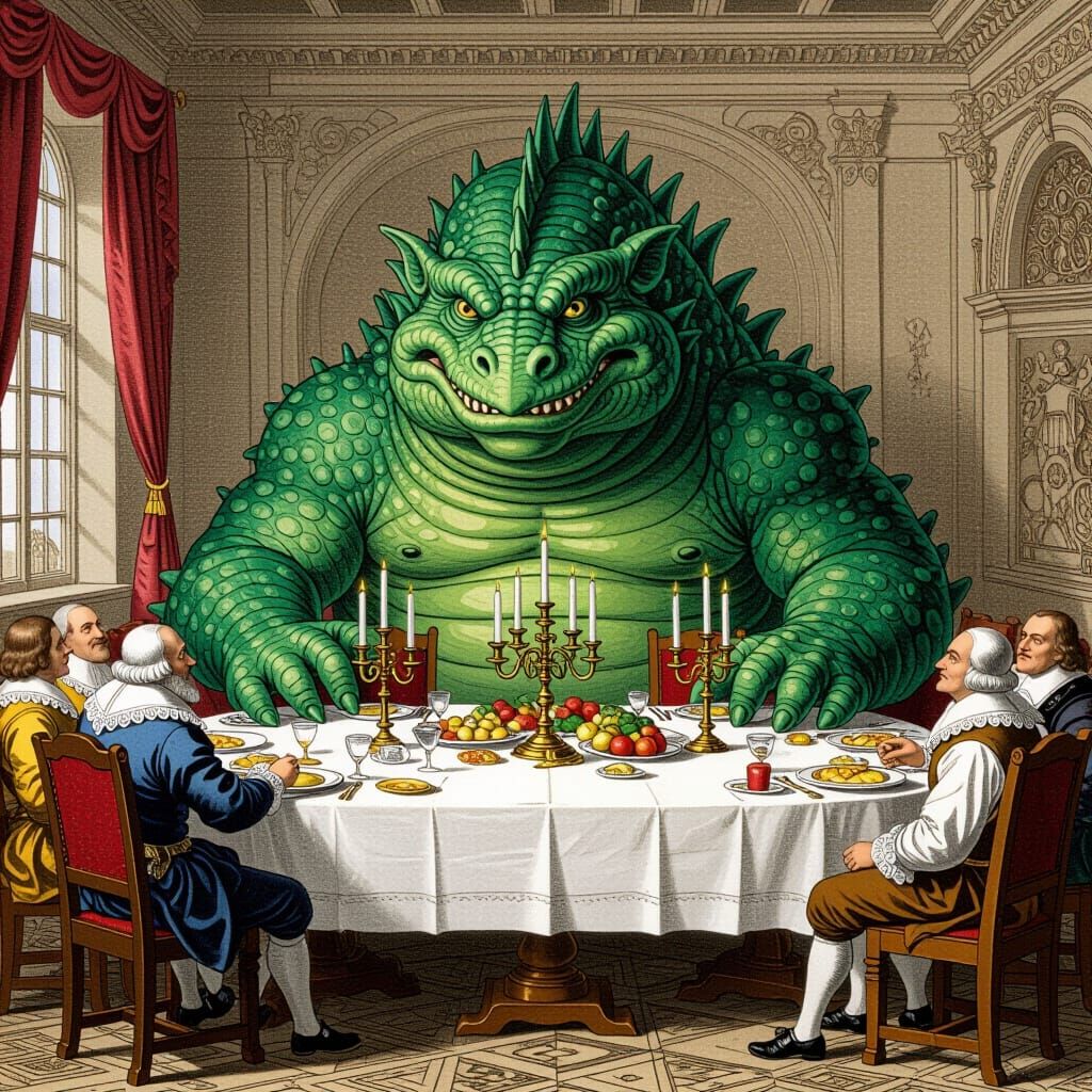 Leviathan at Lavish Banquet, Copperplate Engraving Style