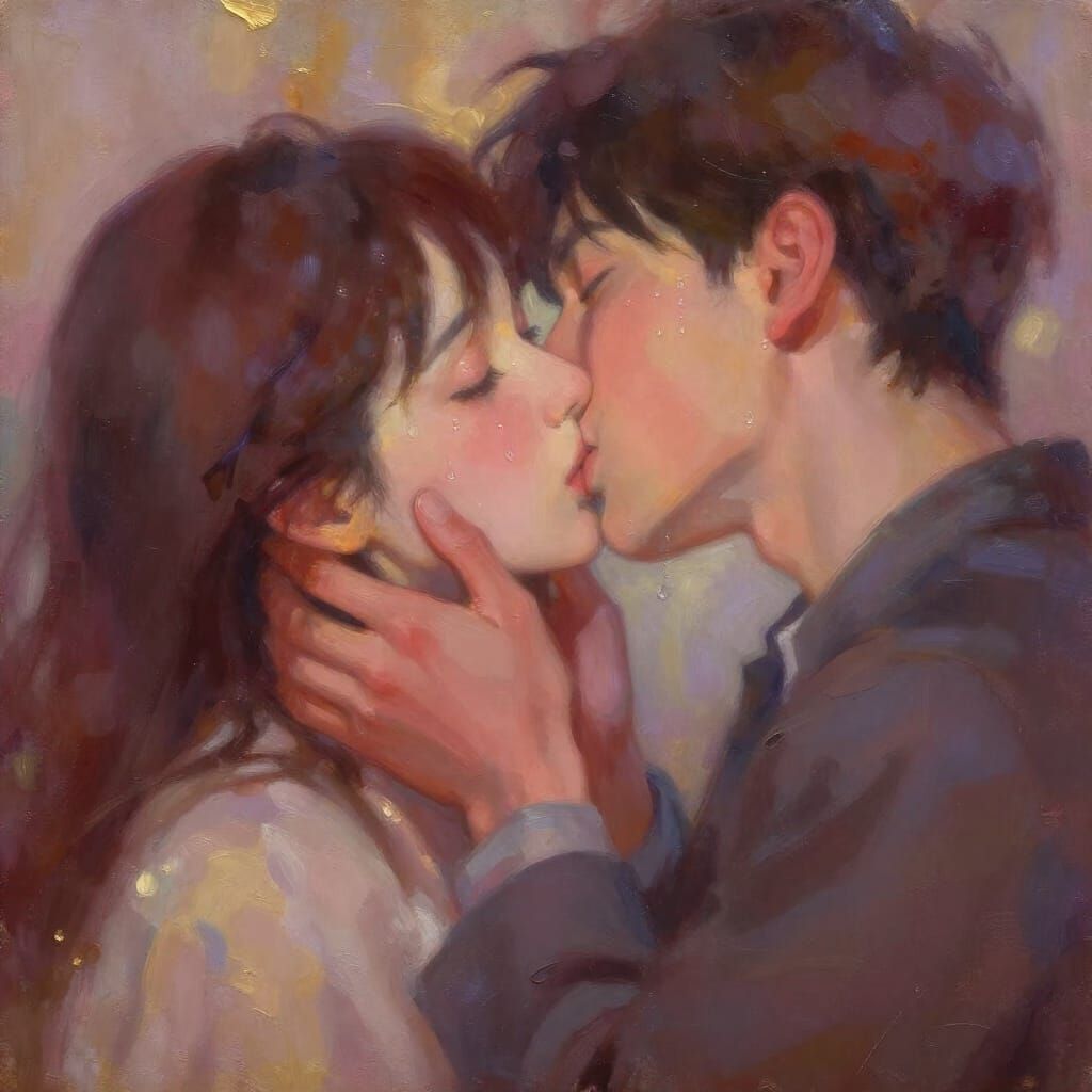 Lovers' Intimate Embrace After a Kiss in Oil Painting