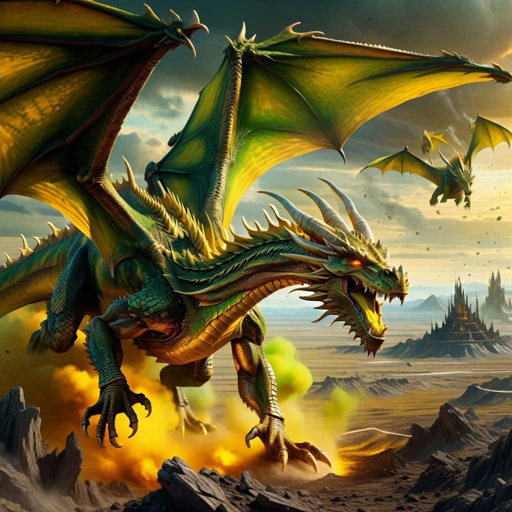 copper dragon flying over an epic battlefield. yellow, sulphur-yellow and greenish vapours emanate from its mouth. Epic ...