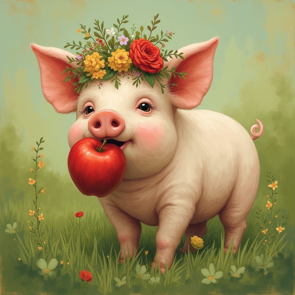 Pig with Apple in Meadow, Beatrix Potter Style
