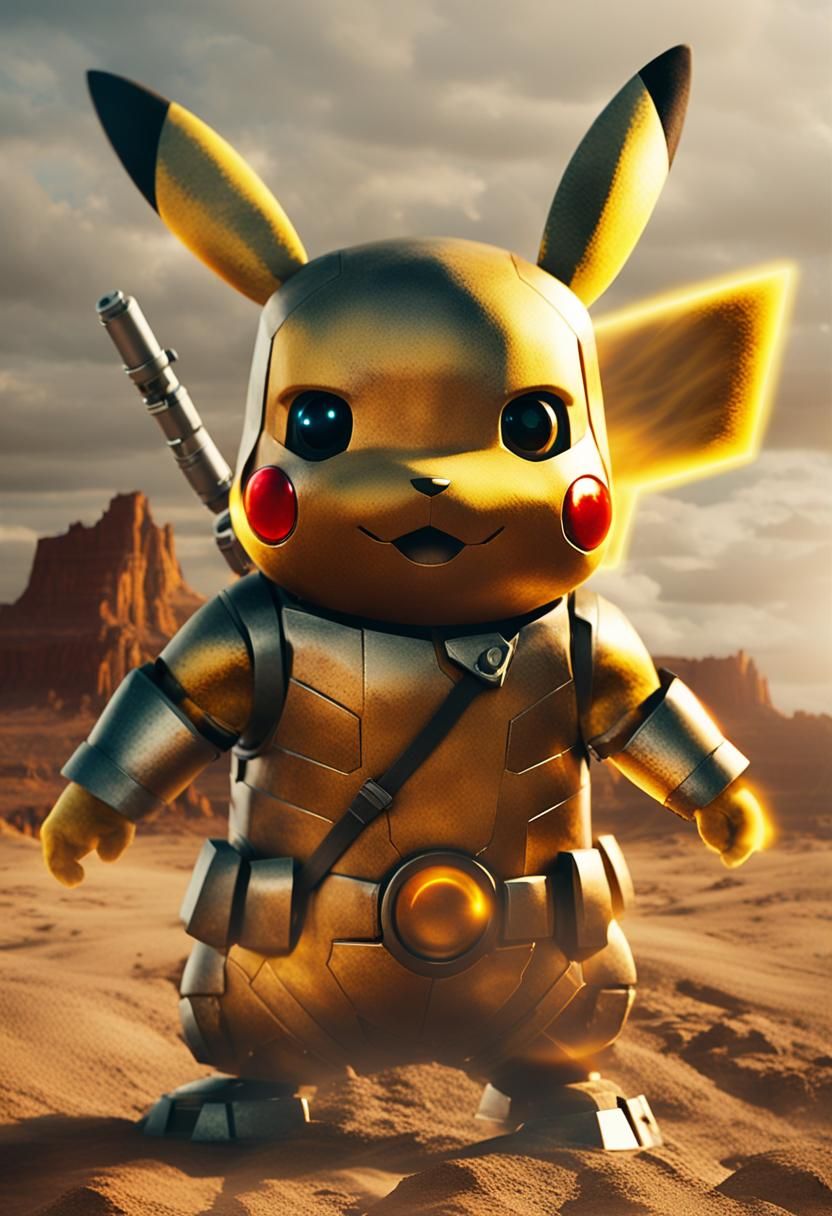 Pikachu in Ironman Suit: Cinematic Desert Scene