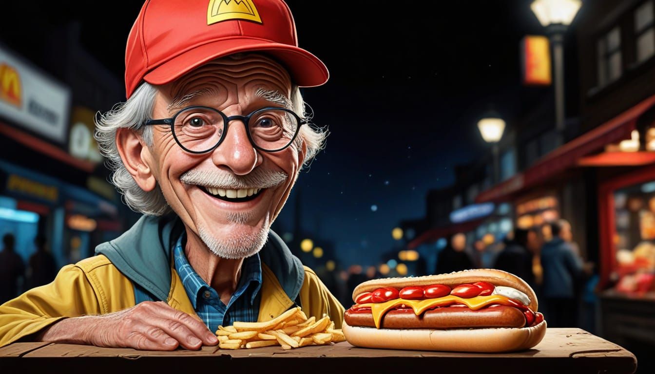 A Nighttime Portrait of a Colorful Hotdog Vendor in a Wide-A...