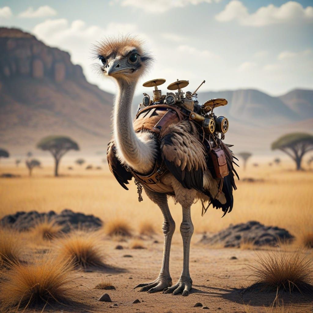 Steampunk Ostrich Roaming the Savanna