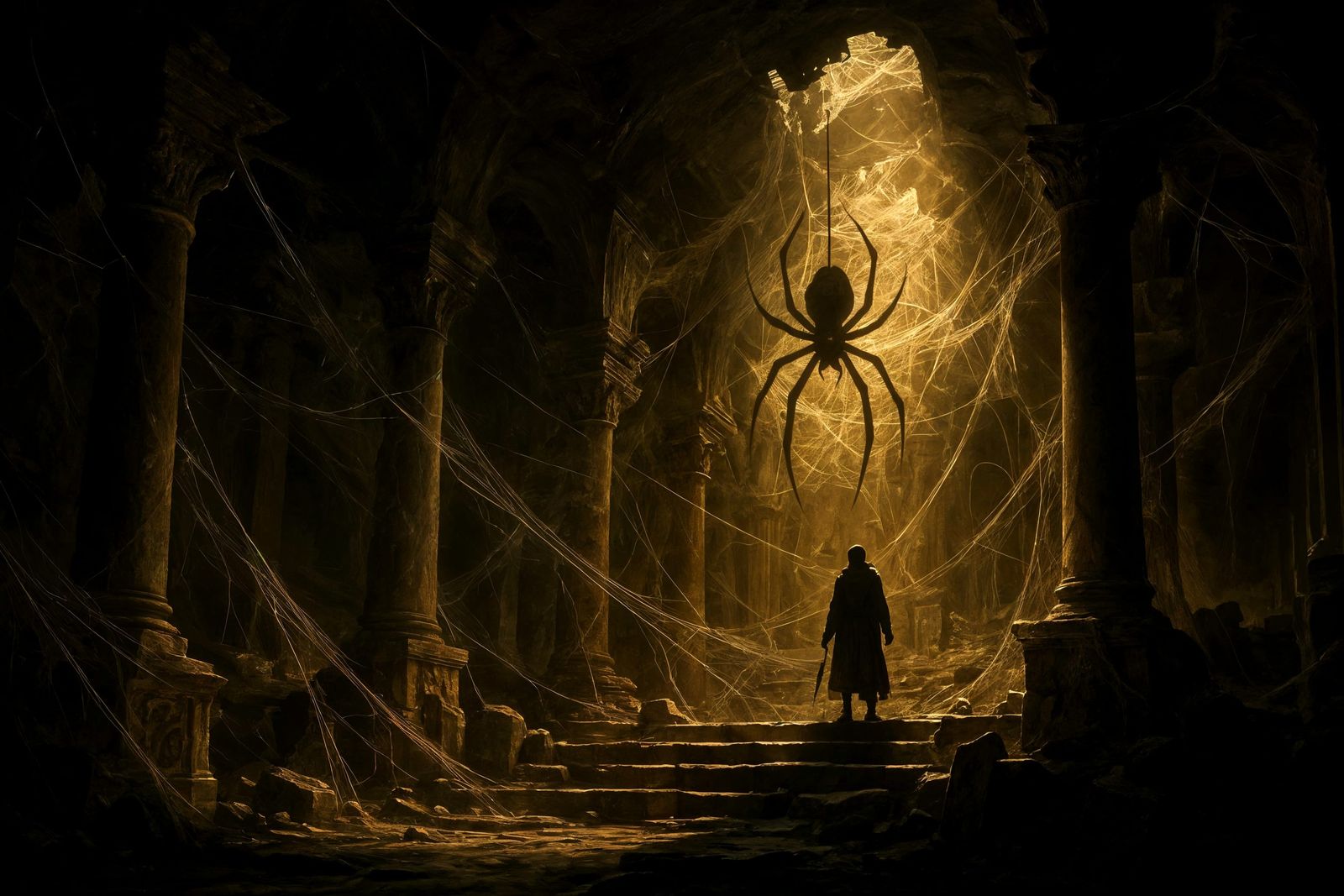 Ruined Temple Interior with Colossal Spider Silhouette
