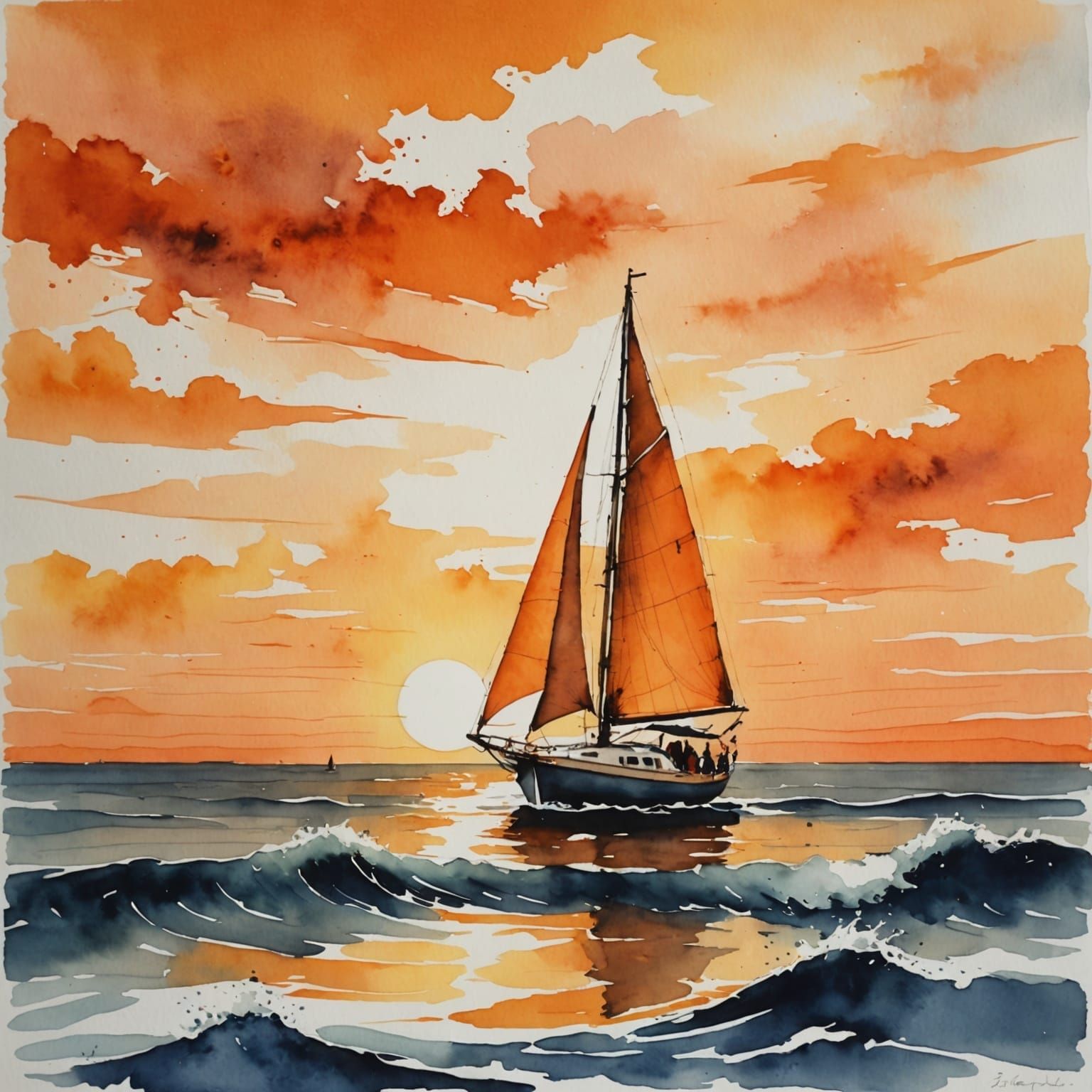 Vibrant Sunset Watercolor of Sailboat Amidst Crashing Waves