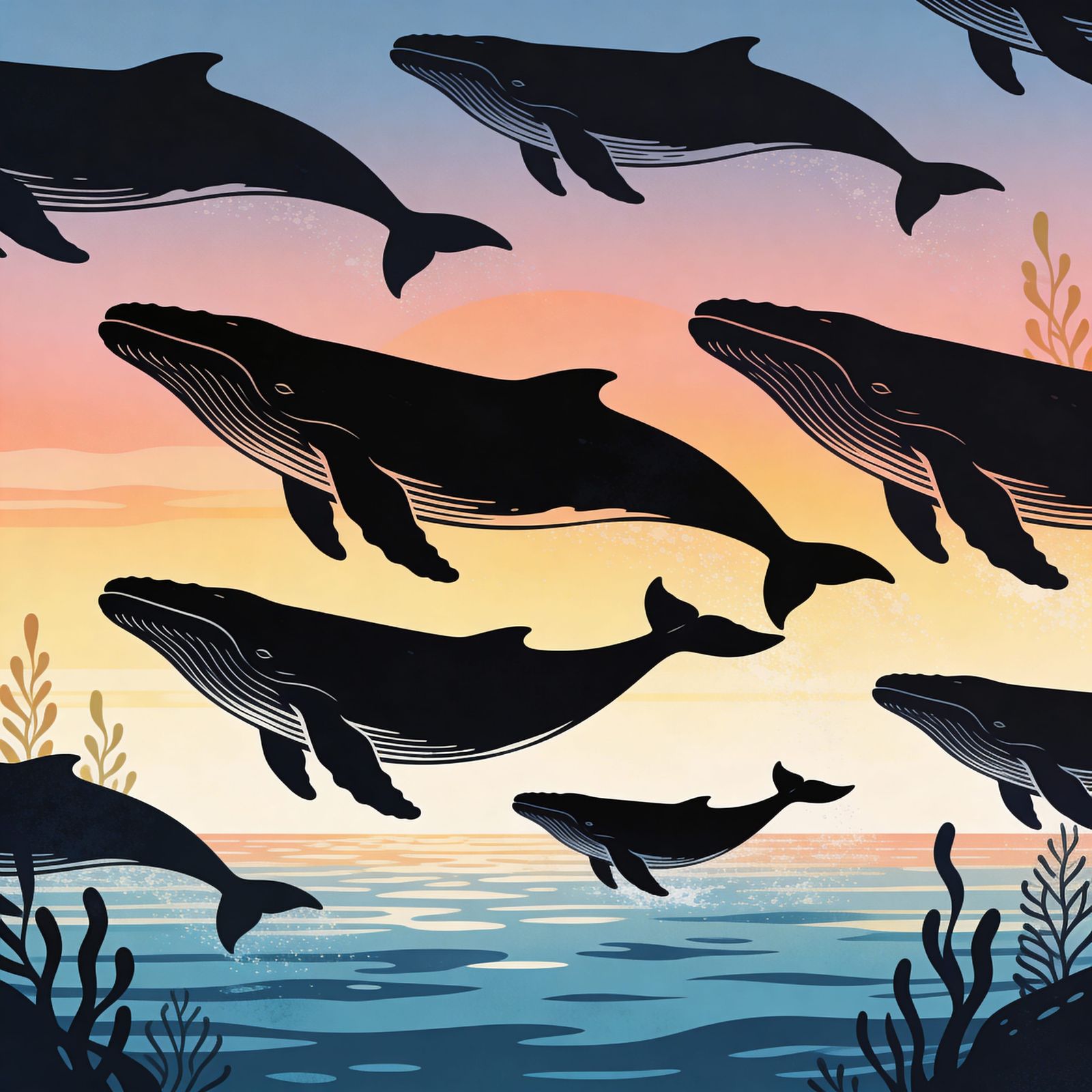 Majestic Whales Silhouetted at Sunset, Poster Illustration