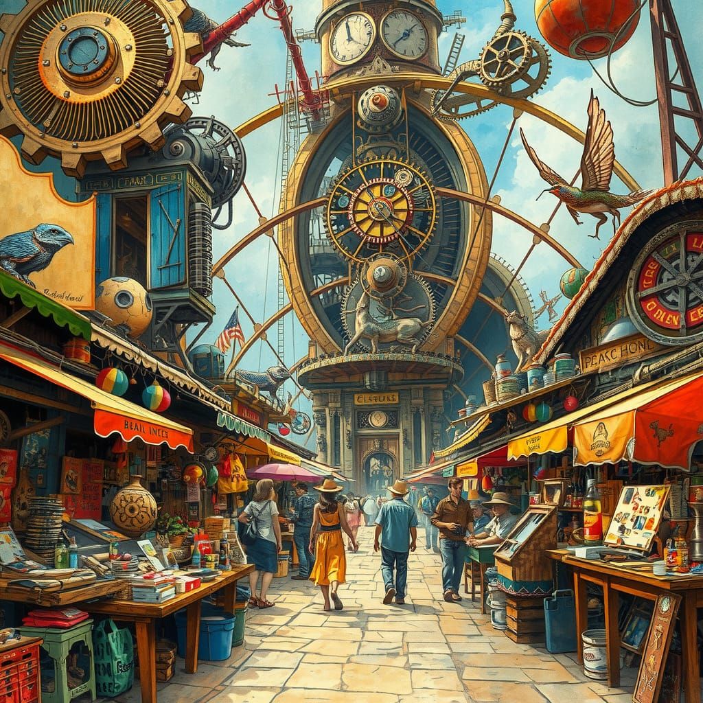 Clockwork City Marketplace in Griffiths-Style Watercolor