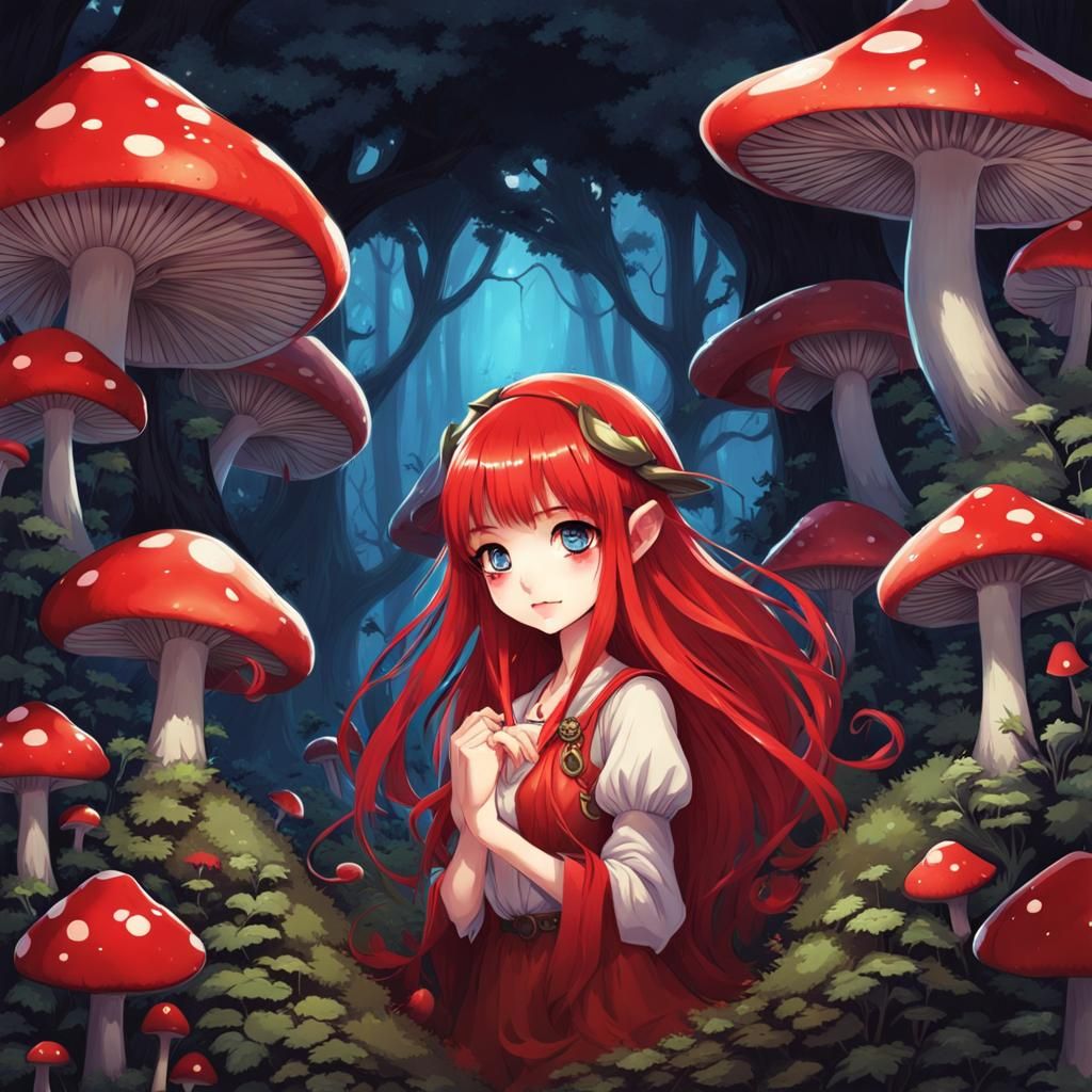 Anime Mushroom Girl with Bat Wings in Forest