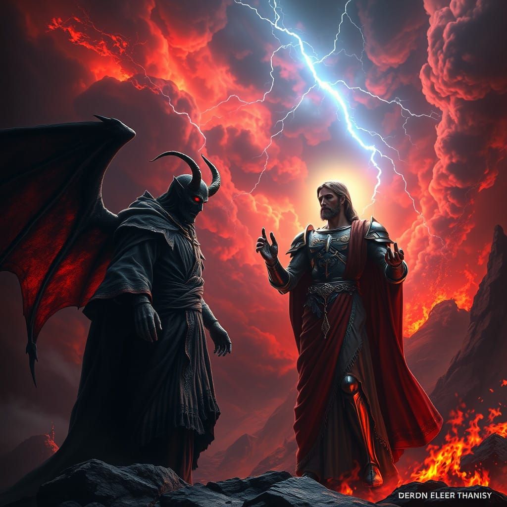 Epic Clash of Good and Evil in Dark Fantasy Landscape
