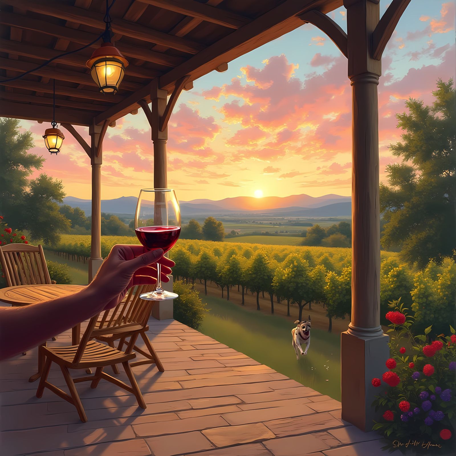 Golden Vineyards at Sunset in a Cozy Rustic Setting