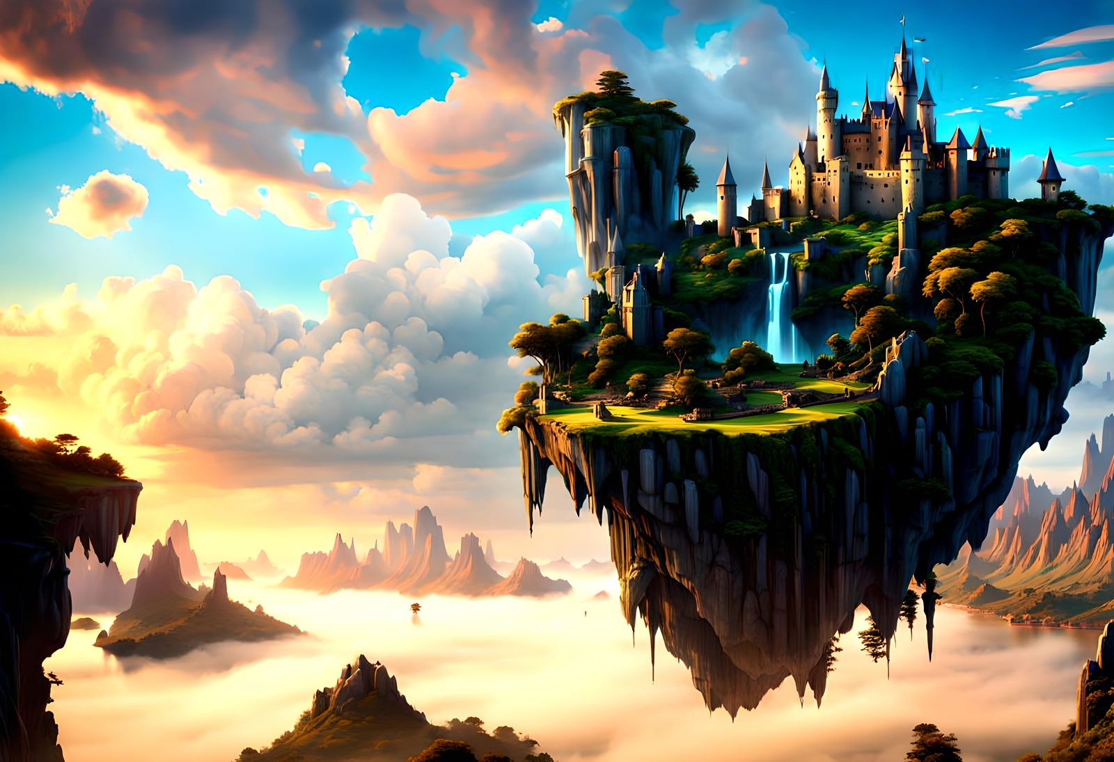 Floating island with landscape and castle, detailed matte pa...