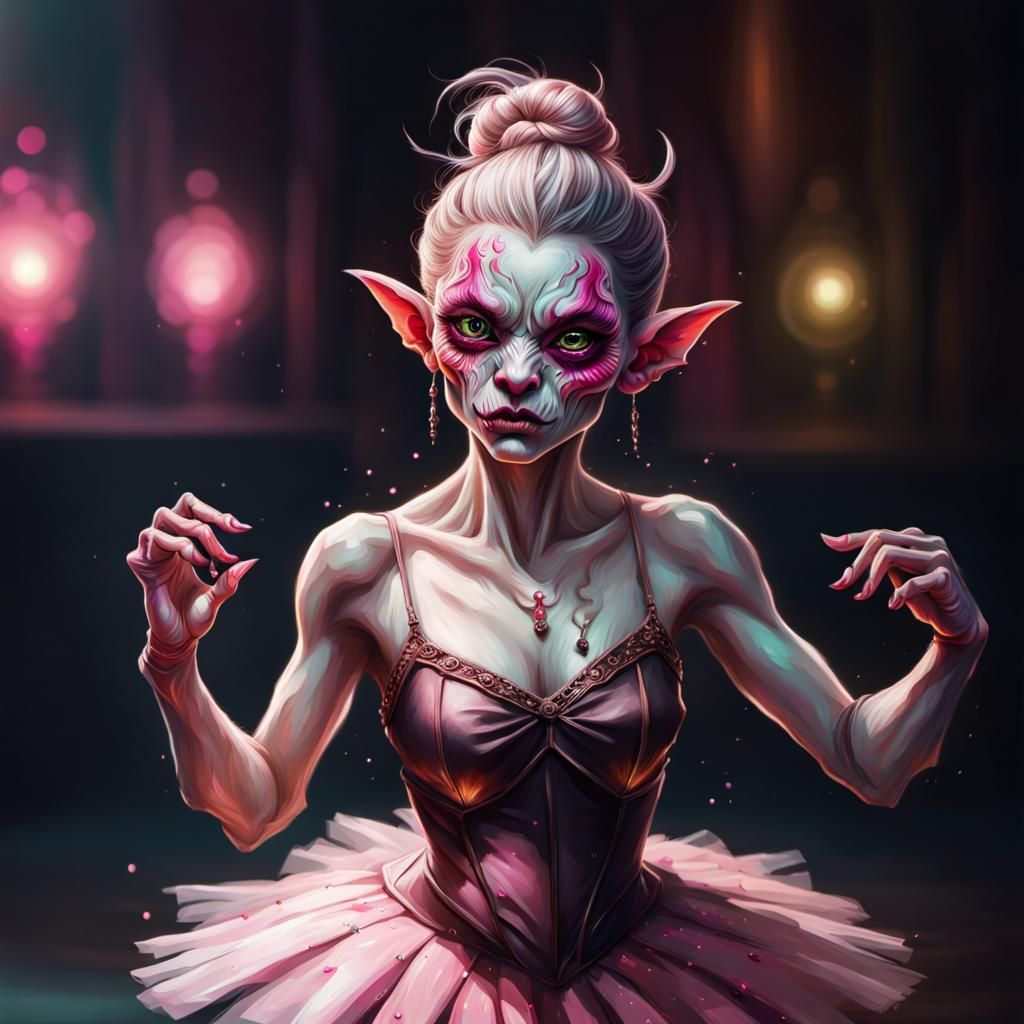 Sinister Goblin Ballerina with Pink Eyes in Splash Art