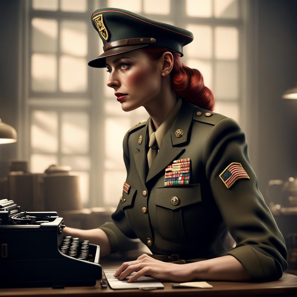 1940s Military Woman at Typewriter, Matte Painting