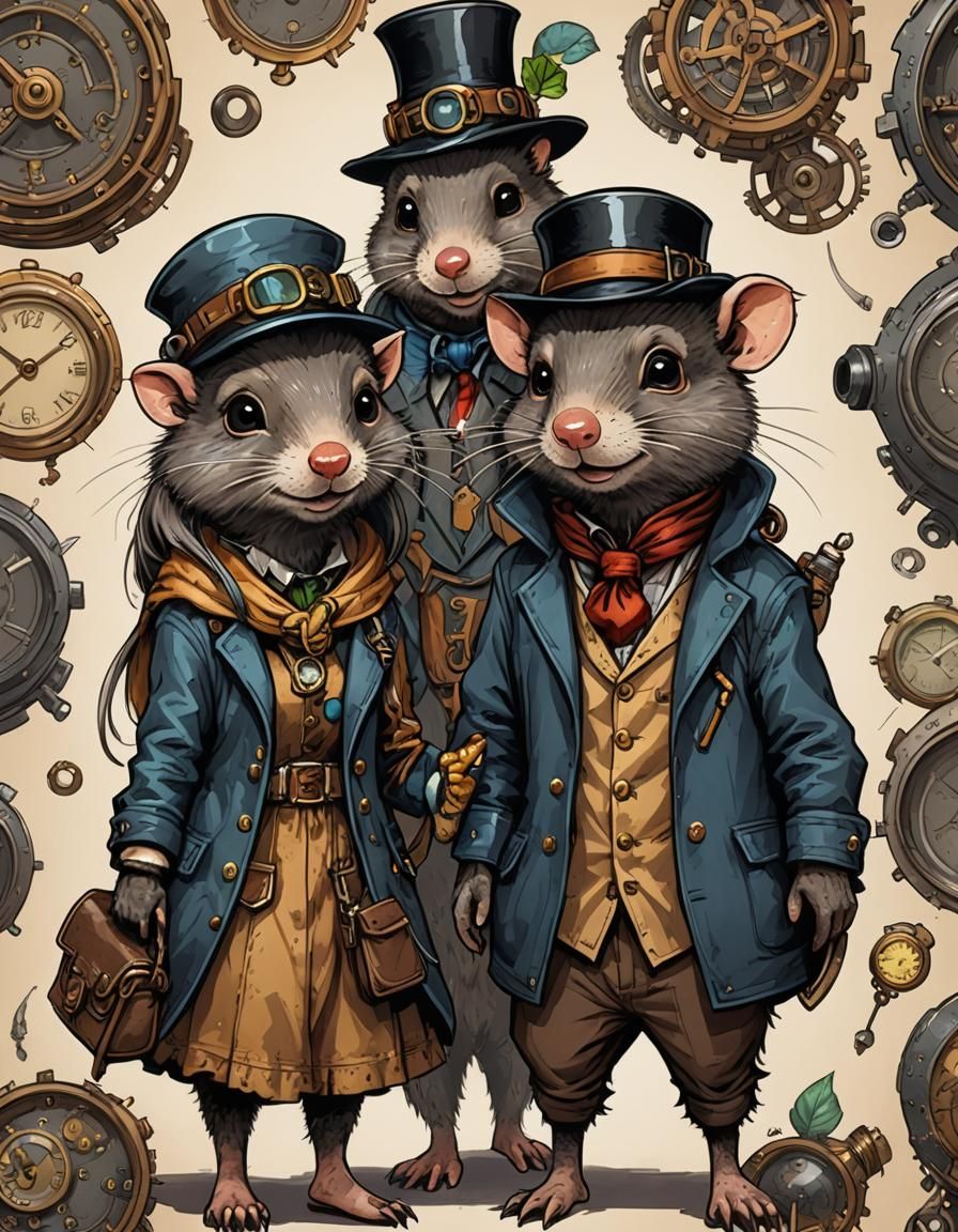 Steampunk Mole Students in Colorful Ink Art