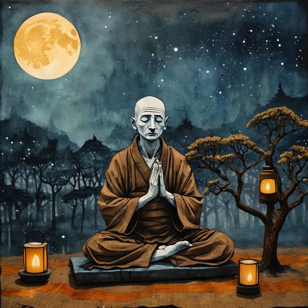 Meditating Shaolin Monk in Bonsai Village, Watercolor Style