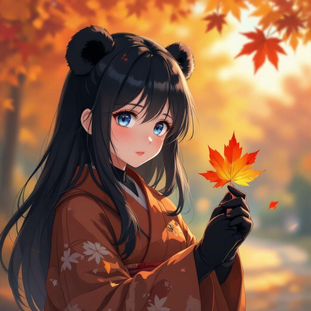 Panda Girl with Autumn Leaf in Warm Afternoon Light
