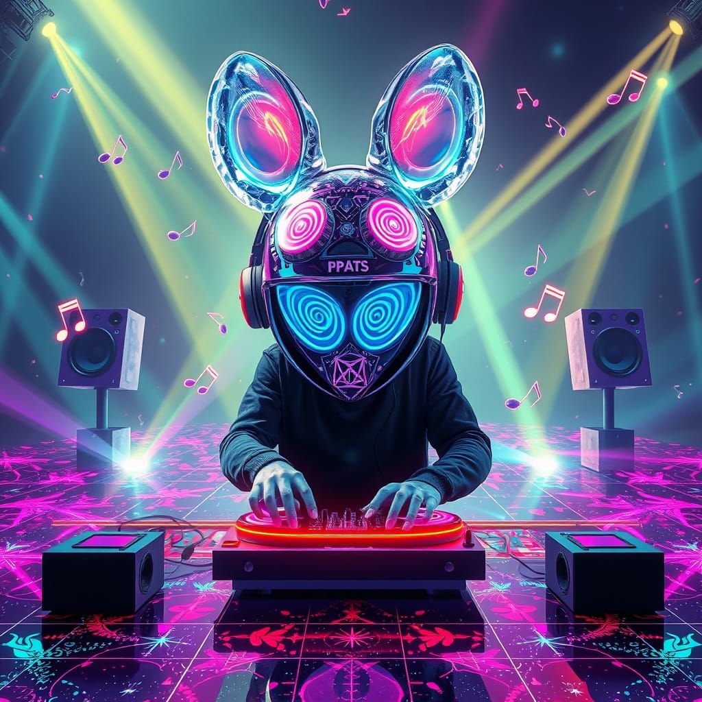 Masked DJ with Crystal Mouse Helmet on Dance Floor