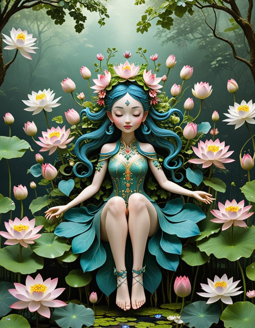 create a whimsical character inspired by the lotus flower, with petals forming a delicate headdress and roots entwined a...