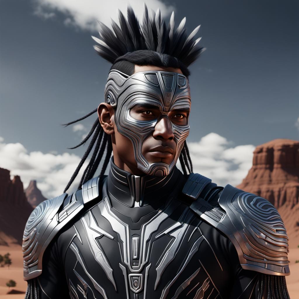 Indigenous Man in Black and Silver Nanosuit