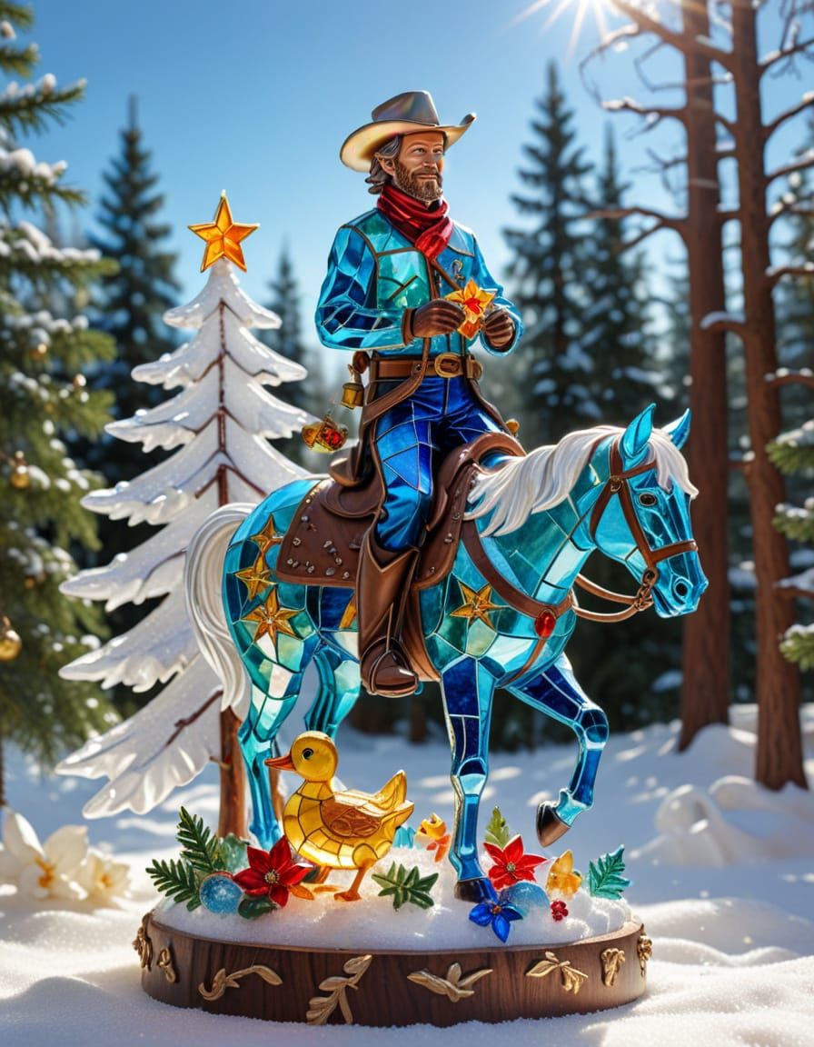 Stained Glass Cowboy and Duckling in Winter Forest