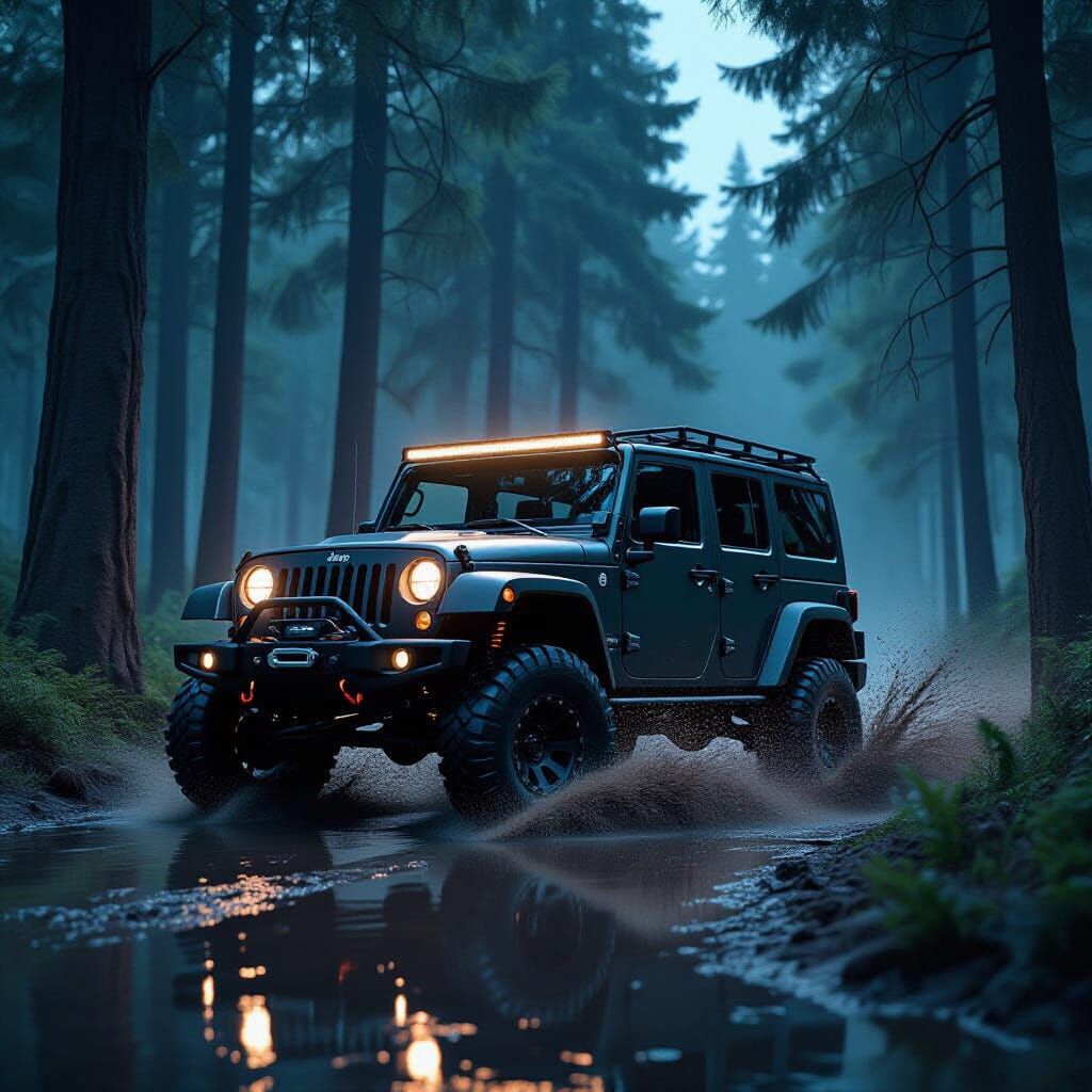 Jeep-Hummer Hybrid in Dystopian Forest, Photorealistic Rende...