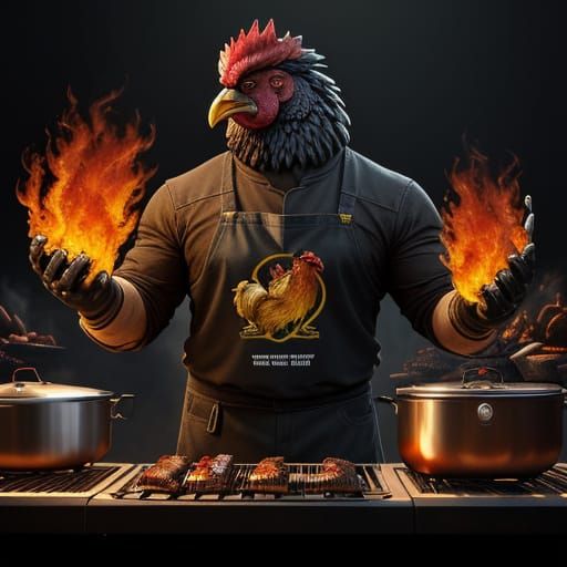 Cyberpunk BBQ Rooster Animatronic in Fiery Grill Scene