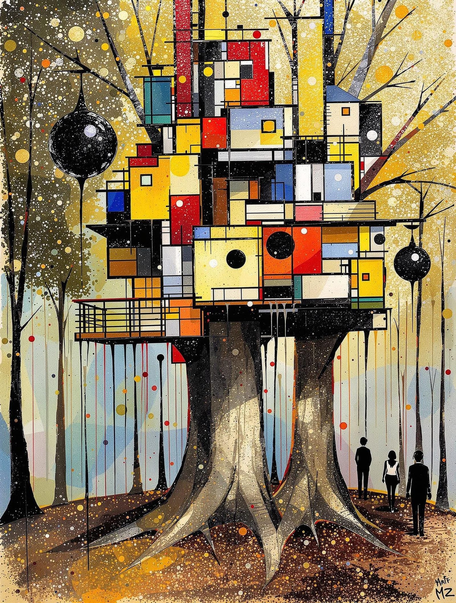 Geometric Treehouse in Vibrant Cubist Style