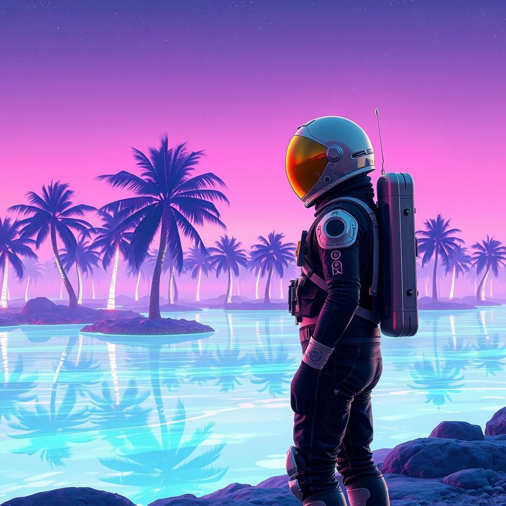 Astronaut at Bioluminescent Ocean in Synthwave Style