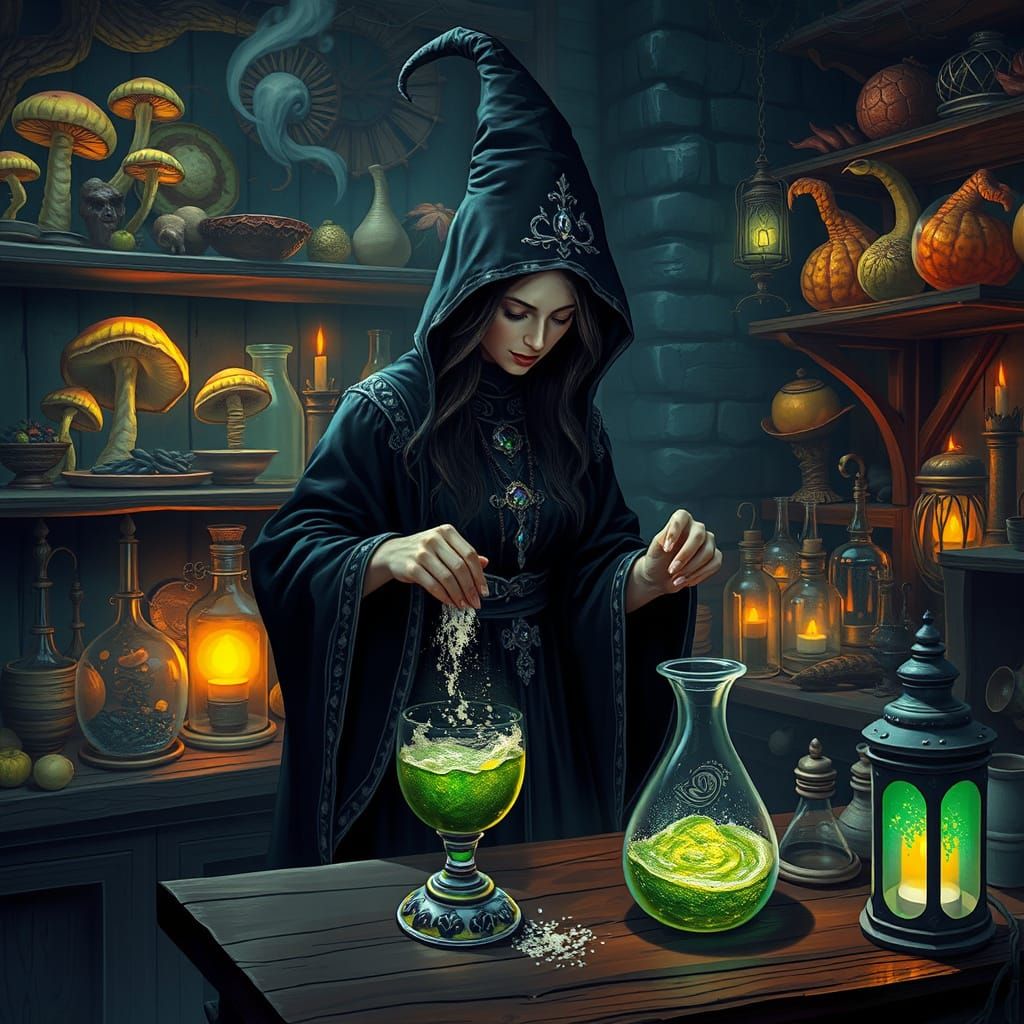 Mystical Sorceress Brews Potion Among Mutated Foods in a Dar...